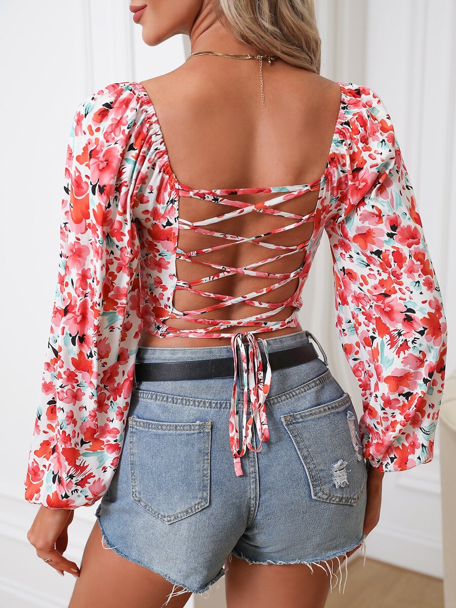 SHEIN Privé Floral Print Square Neck Lantern Sleeve Crop Blouse - White - View 1