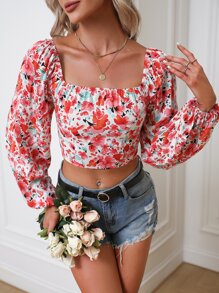 SHEIN Privé Floral Print Square Neck Lantern Sleeve Crop Blouse - White - View 3