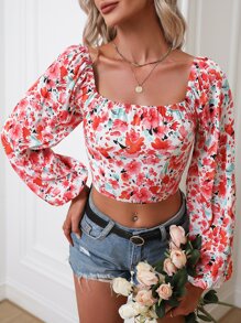 SHEIN Privé Floral Print Square Neck Lantern Sleeve Crop Blouse - White - View 6