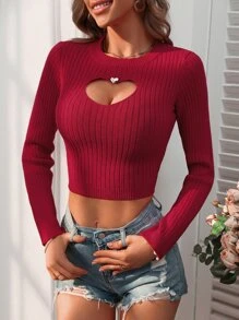 SHEIN Essnce Heart Cut Out Front Crop Jumper - Red - View 4