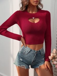 SHEIN Essnce Heart Cut Out Front Crop Jumper - Red - View 5
