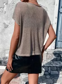 EMERY ROSE Batwing Sleeve Sheer Knit Top Without Bra Metallic Topglitter Blouseshimmering Top - Mocha Brown - View 2