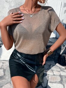 EMERY ROSE Batwing Sleeve Sheer Knit Top Without Bra Metallic Topglitter Blouseshimmering Top - Mocha Brown - View 4