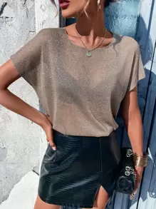 EMERY ROSE Batwing Sleeve Sheer Knit Top Without Bra Metallic Topglitter Blouseshimmering Top - Mocha Brown - View 6