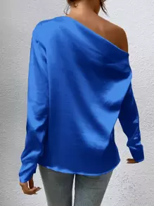 SHEIN BAE Blusa de cuello asimétrico fruncido de satén - Azul - Ver 2