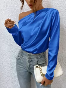 SHEIN BAE Blusa de cuello asimétrico fruncido de satén - Azul - Ver 3