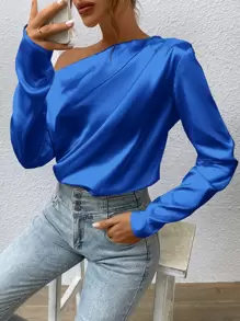 SHEIN BAE Blusa de cuello asimétrico fruncido de satén - Azul - Ver 4
