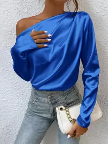 SHEIN BAE Blusa de cuello asimétrico fruncido de satén - Azul - Ver 5