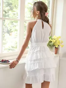 SHEIN Frenchy Swiss Dot Layered Hem Belted Halter Dress - White - View 2