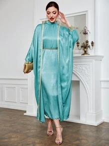 Al Najma Mock Neck Batwing Sleeve Dress With Contrast Piping Coat - Mint Blue - View 1