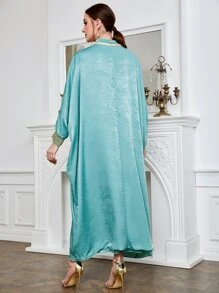 Al Najma Mock Neck Batwing Sleeve Dress With Contrast Piping Coat - Mint Blue - View 2