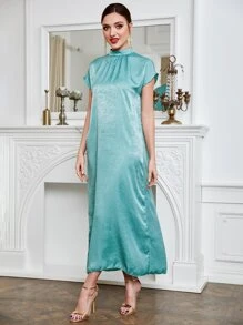 Al Najma Mock Neck Batwing Sleeve Dress With Contrast Piping Coat - Mint Blue - View 3