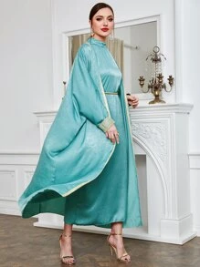 Al Najma Mock Neck Batwing Sleeve Dress With Contrast Piping Coat - Mint Blue - View 4