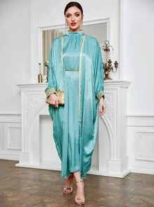 Al Najma Mock Neck Batwing Sleeve Dress With Contrast Piping Coat - Mint Blue - View 5