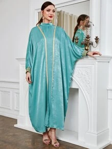 Al Najma Mock Neck Batwing Sleeve Dress With Contrast Piping Coat - Mint Blue - View 6