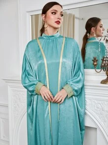 Al Najma Mock Neck Batwing Sleeve Dress With Contrast Piping Coat - Mint Blue - View 7