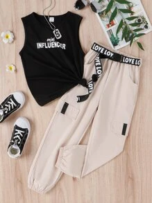 SHEIN Girls Letter Graphic Tank Top & Cargo Trousers - Multicolor - View 5