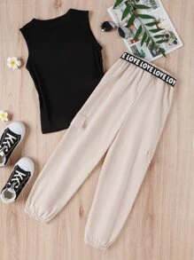 SHEIN Girls Letter Graphic Tank Top & Cargo Trousers - Multicolor - View 2