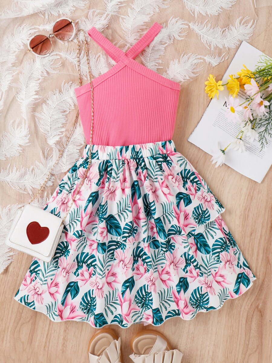 Chicas tejido de canalé Top halter & con estampado tropical de dos capas bajo Falda - Multicolor - Ver 1