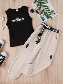 SHEIN Girls Letter Graphic Tank Top & Cargo Trousers - Multicolor - View 1