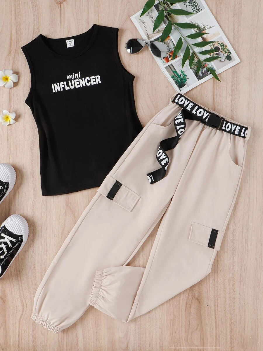 SHEIN Girls Letter Graphic Tank Top & Cargo Trousers - Multicolor - View 1