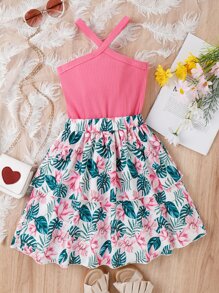 Chicas tejido de canalé Top halter & con estampado tropical de dos capas bajo Falda - Multicolor - Ver 2
