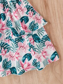 Chicas tejido de canalé Top halter & con estampado tropical de dos capas bajo Falda - Multicolor - Ver 3