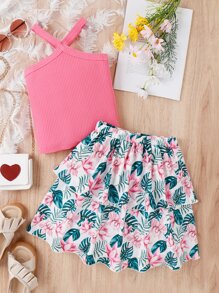 Chicas tejido de canalé Top halter & con estampado tropical de dos capas bajo Falda - Multicolor - Ver 4