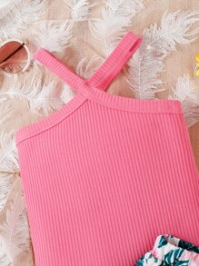 Chicas tejido de canalé Top halter & con estampado tropical de dos capas bajo Falda - Multicolor - Ver 5