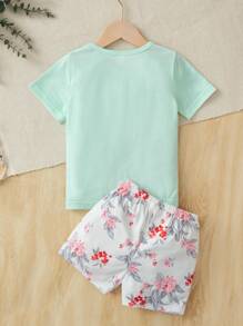 Girls Cartoon & Floral Print Shorts PJ Set - Mint Green - View 2