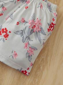 Girls Cartoon & Floral Print Shorts PJ Set - Mint Green - View 4