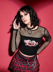 ROMWE PUNK Top crop con estampado de letra - Negro - Ver 1