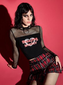 ROMWE PUNK Top crop con estampado de letra - Negro - Ver 4
