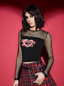 ROMWE PUNK Top crop con estampado de letra - Negro - Ver 6