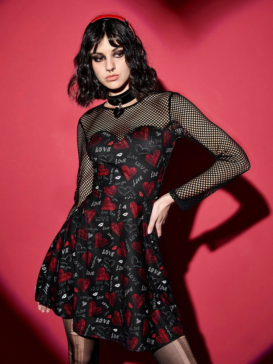 ROMWE PUNK Letter & Heart Print Dress - Black - View 1