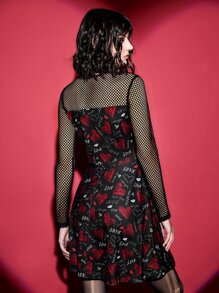 ROMWE PUNK Letter & Heart Print Dress - Black - View 2