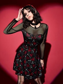 ROMWE PUNK Letter & Heart Print Dress - Black - View 4
