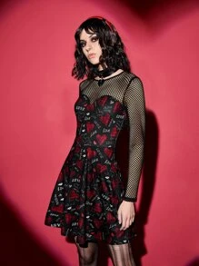 ROMWE PUNK Letter & Heart Print Dress - Black - View 5