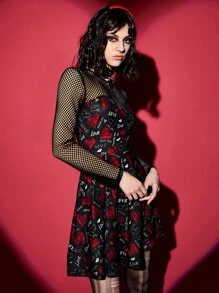 ROMWE PUNK Letter & Heart Print Dress - Black - View 6