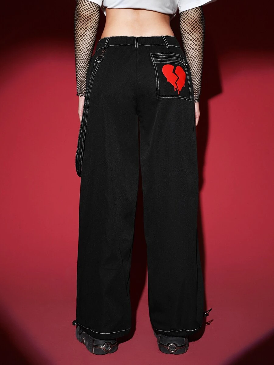 ROMWE PUNK Heart Print Slant Pocket Trousers With Strap - Black - View 1