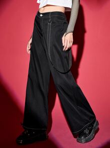 ROMWE PUNK Heart Print Slant Pocket Trousers With Strap - Black - View 2