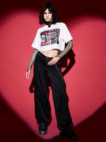 ROMWE PUNK Heart Print Slant Pocket Trousers With Strap - Black - View 3