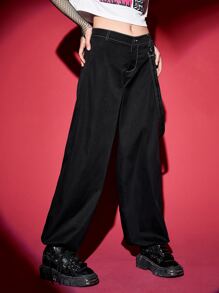 ROMWE PUNK Heart Print Slant Pocket Trousers With Strap - Black - View 4