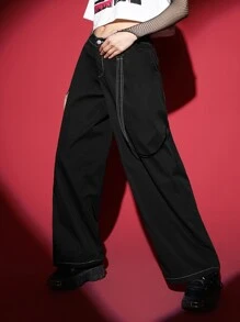 ROMWE PUNK Heart Print Slant Pocket Trousers With Strap - Black - View 5