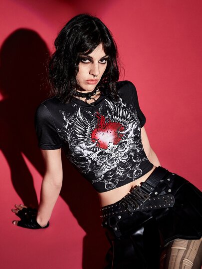 Crop T-Shirt mit Herz und Flügel Muster