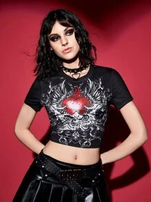 ROMWE PUNK 心和翅膀印花短款T恤 - 黑色 - 查看 4