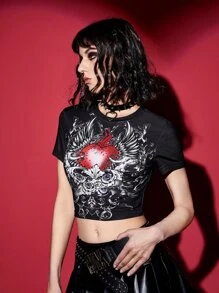 ROMWE PUNK 心和翅膀印花短款T恤 - 黑色 - 查看 6