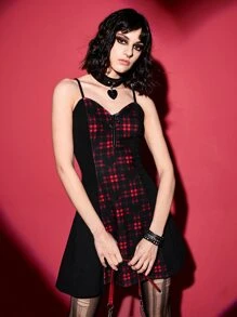 ROMWE PUNK Plaid Print Cami Dress - Black - View 4