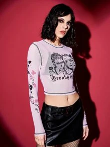 ROMWE PUNK Figure & Letter Graphic Top-stitching Crop Top - Baby Pink - View 5