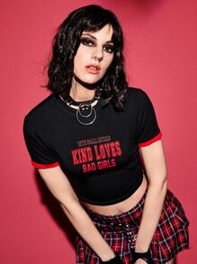 ROMWE PUNK Slogan Graphic Contrast Binding Crop Tee - Black - View 1